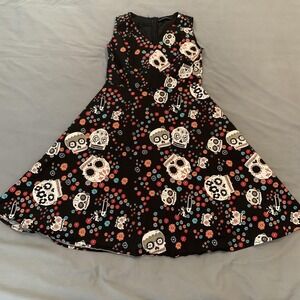 IHot Dress Womens Large Black Skull Floral V Neck Fit‎ Flare Halloween Party